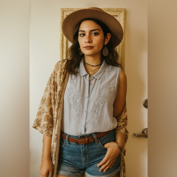 Reitmans Tops - REITMANS | Vintage Embroidered Sleeveless Blue Button Up Sheer Blouse Top